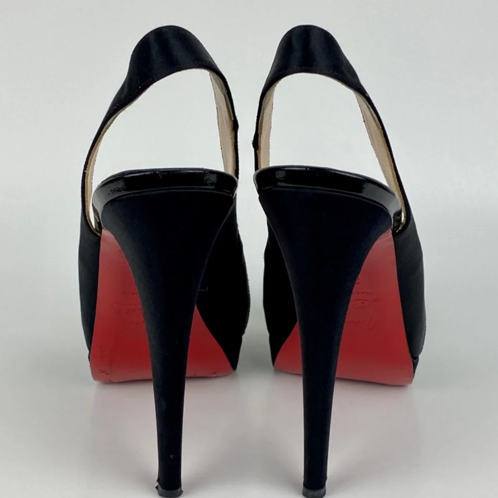 Christian Louboutin Platform Heels Very Croise Size 38.5 Black Satin Peep Toe 8 - Picture 3 of 7